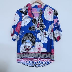 Hawaii tropical Floral Blue Pink 3/4 Sleeve Blouse